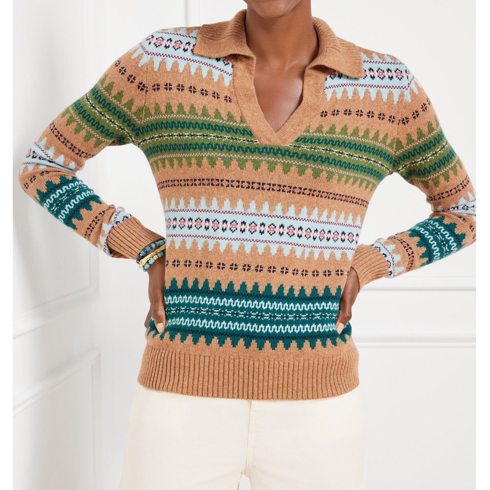 Talbots Sweater Women's Large Tan Autumn Fair Isle‎ V-Neck Johnny Collared NWT